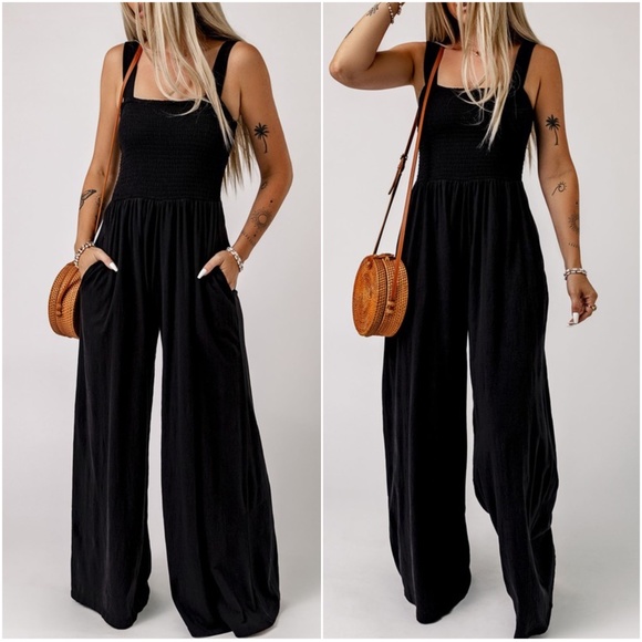 013 Smocked Sleeveless Wide Leg Pocket Jumpsuit - Picture 3 of 8